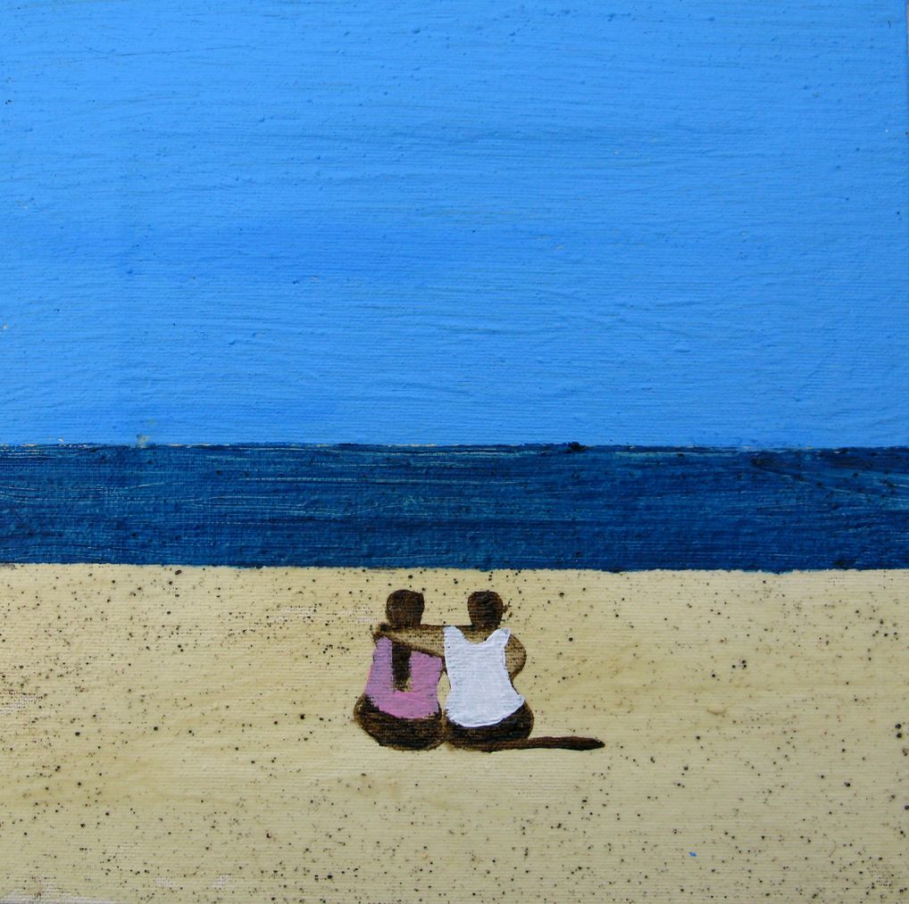 Tableau figuratif petit format Pareja Playa - Barcelona 2023 – MARCOS ZRIHEN NOWOTNY – 20 × 20 cm