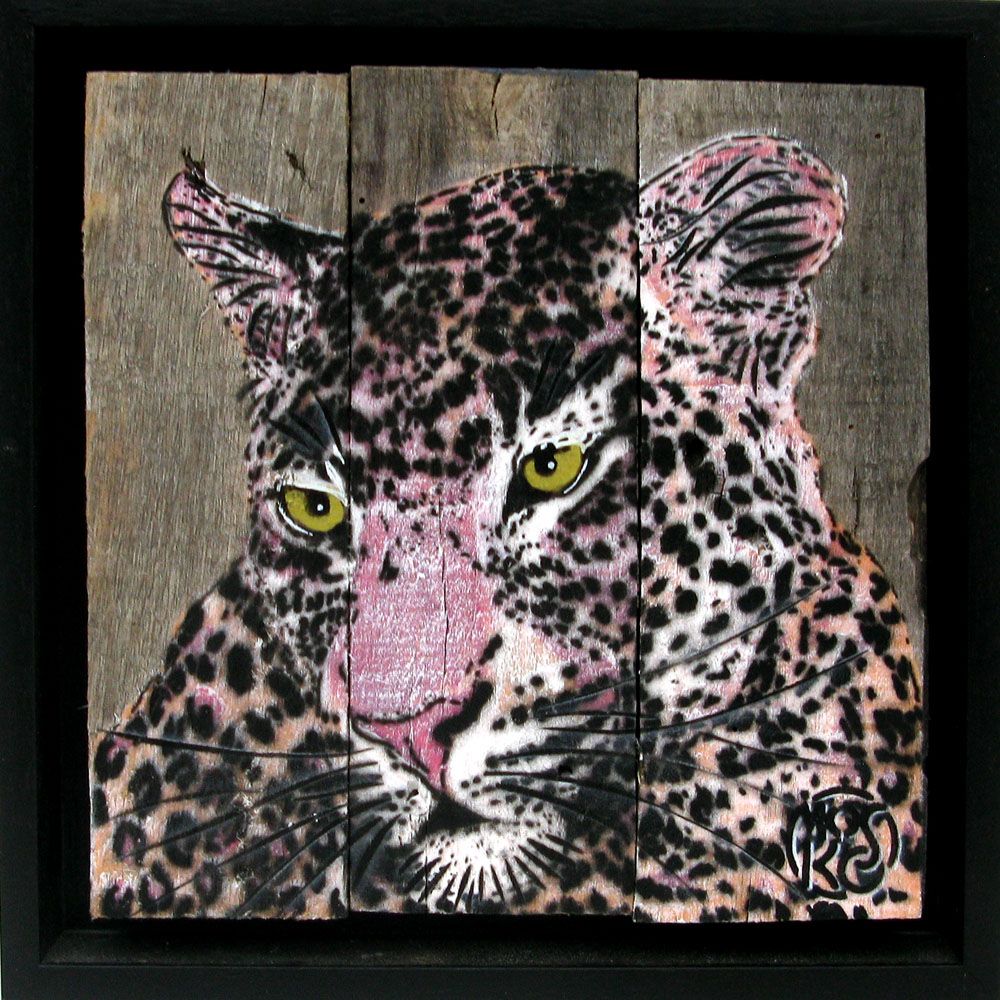 Tableau figuratif petit format noir et rose PROFIL LEOPARD ROSE – MOSKO – 20 × 20 cm