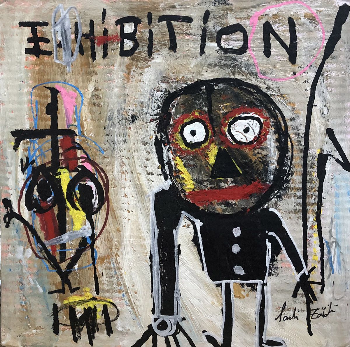 Tableau figuratif petit format noir et rouge Exhibition V – LARBI ZAIDI – 36 × 36 cm