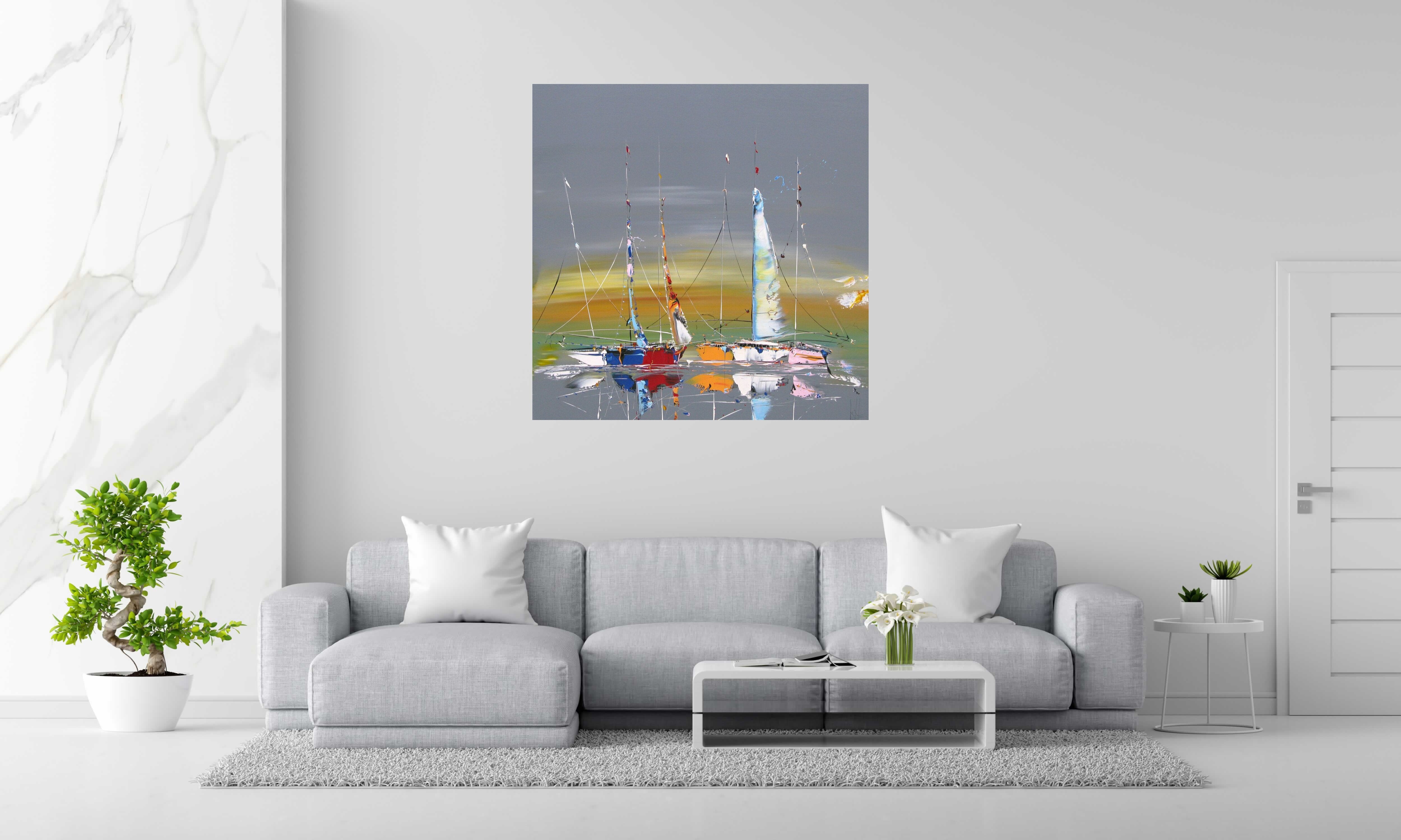 Tableau MARINE ABSTRAITE 69 de F. BOUTET dans un intérieur – 120 × 120 cm