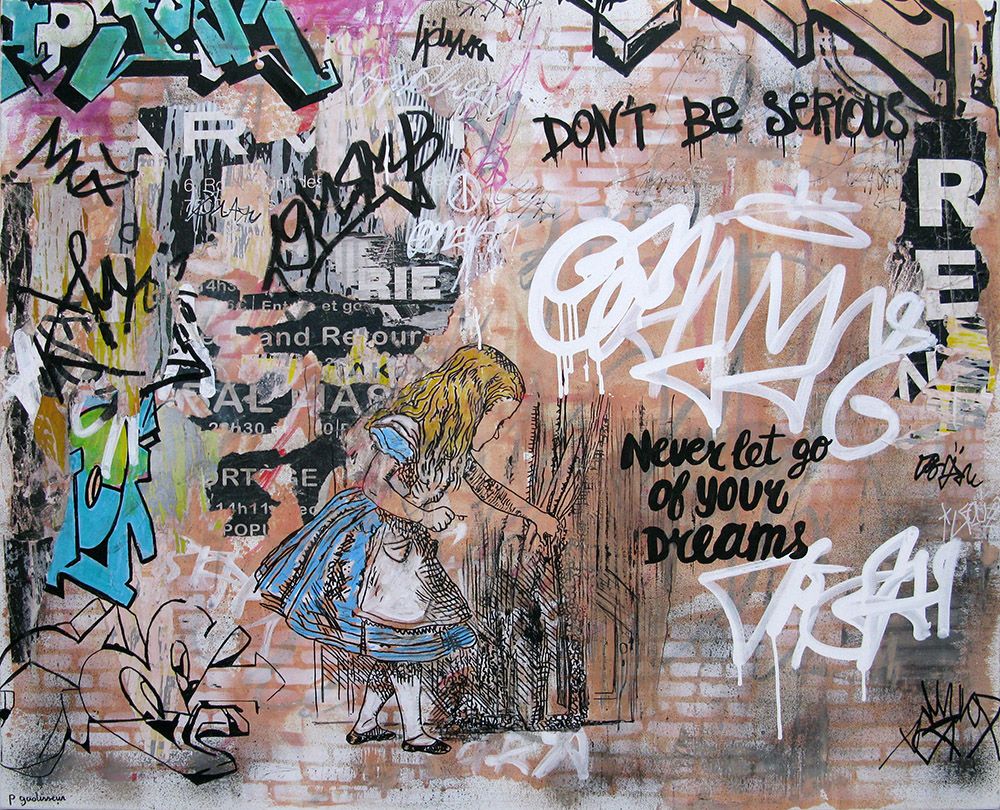 Tableau graffiti format xxl Never let go of your dreams – PATRICIA GADISSEUR – 120 × 100 cm