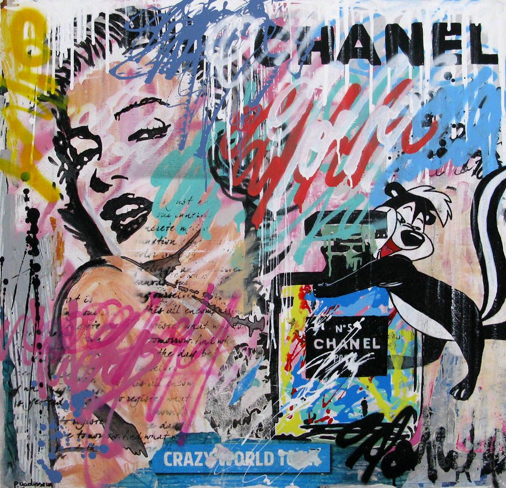 Tableau graffiti grande taille bleu et noir CRAZY WORLD – PATRICIA GADISSEUR – 80 × 80 cm