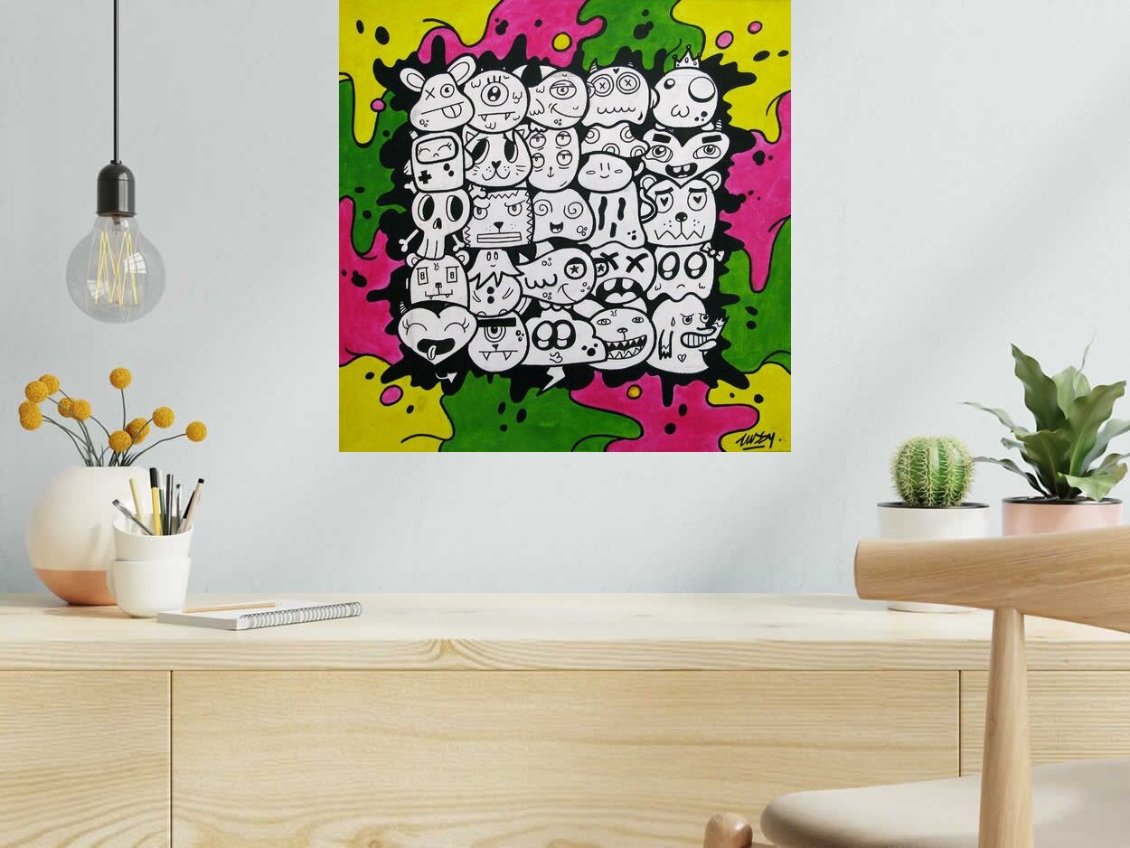 Tableau multi kawaï vert de LUSSY dans un intérieur – 50 × 50 cm