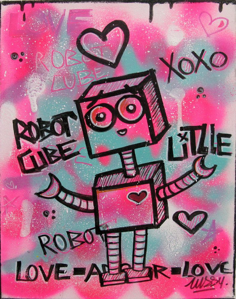 Tableau graffiti petit format love robbbot – LUSSY – 30 × 40 cm