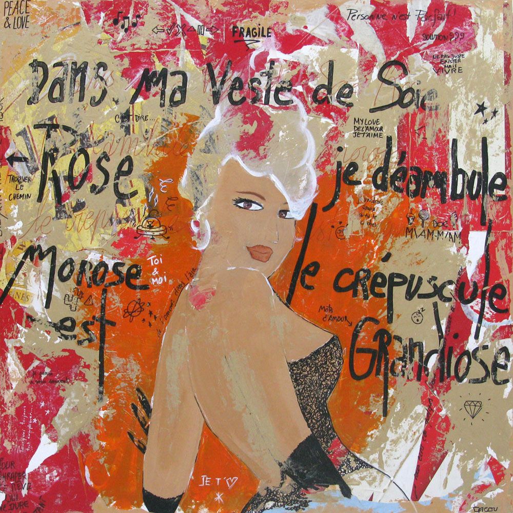 Tableau grand format DANS MA VESTE DE SOIE ROSE... – CACOU – 100 × 100 cm
