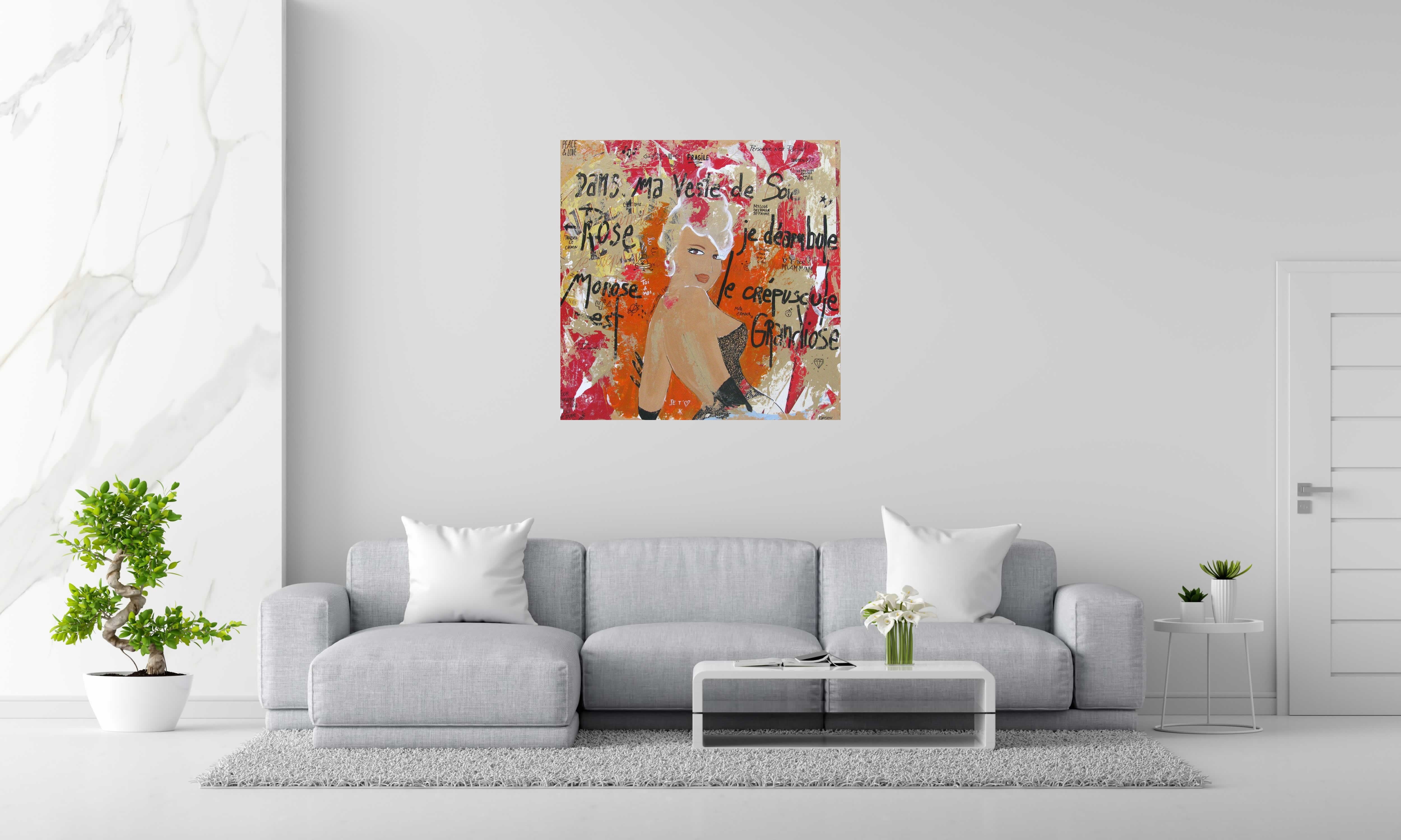 Tableau DANS MA VESTE DE SOIE ROSE... de CACOU dans un intérieur – 100 × 100 cm