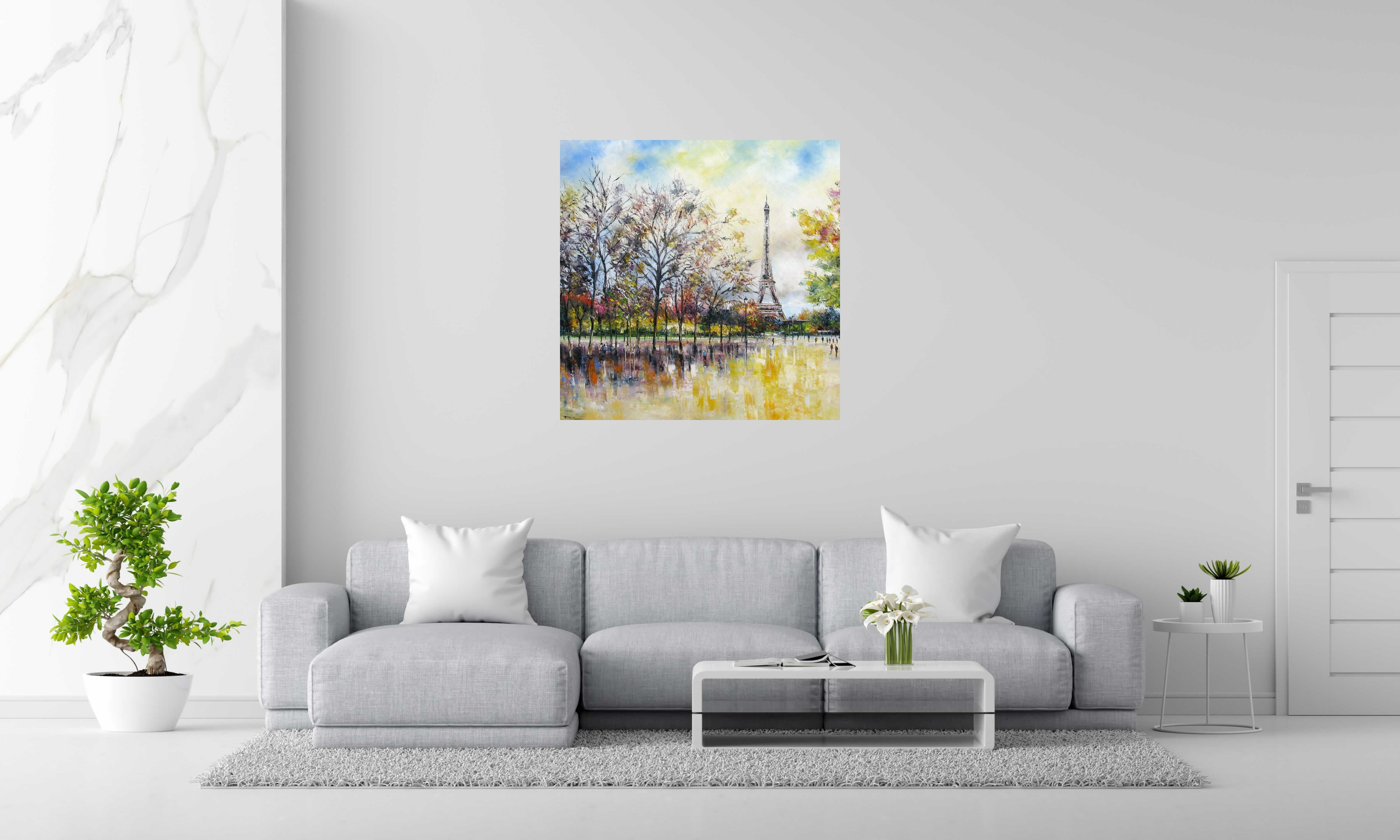 Tableau Jardins de Paris de PHIL dans un intérieur – 100 × 100 cm