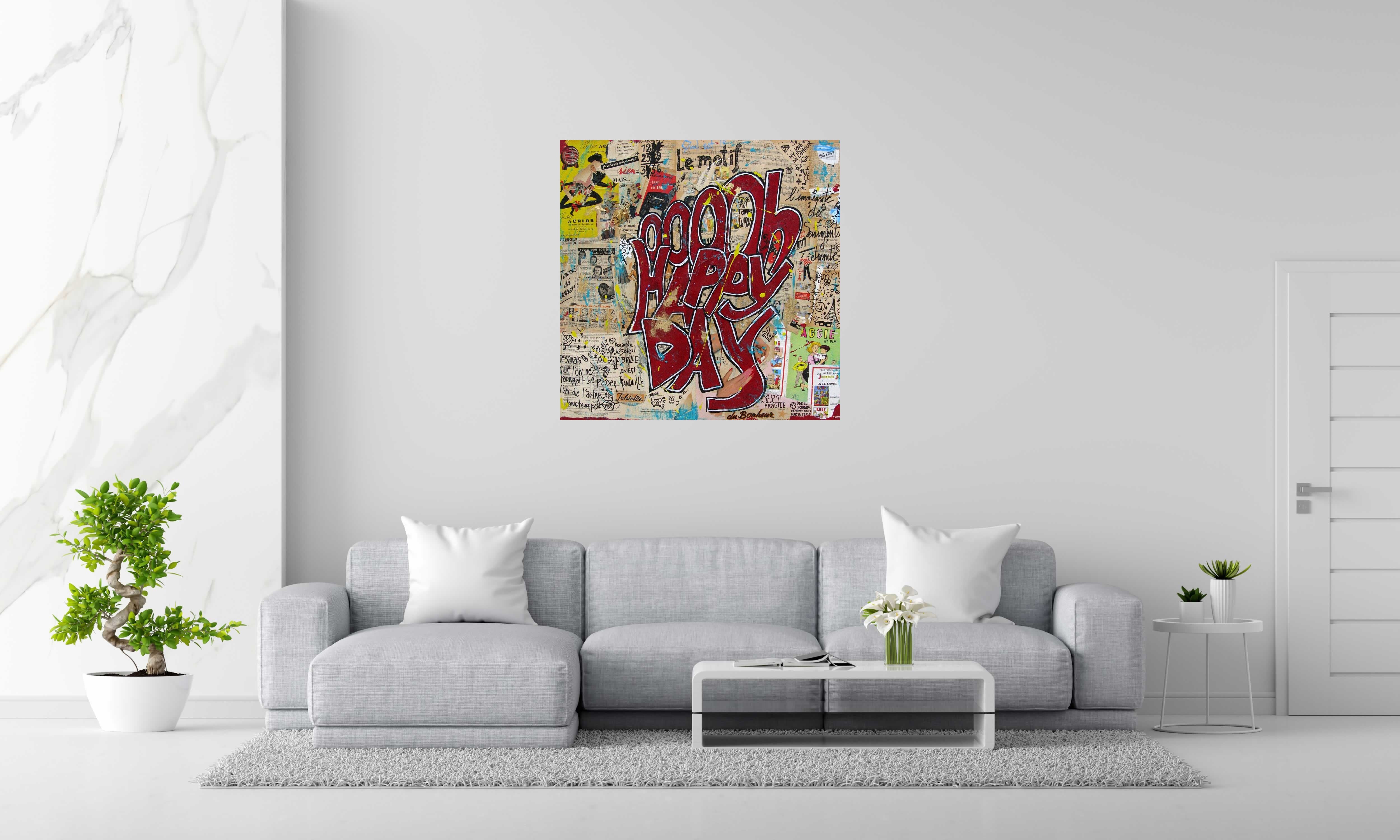 Tableau Oooh happy day de CACOU dans un intérieur – 100 × 100 cm