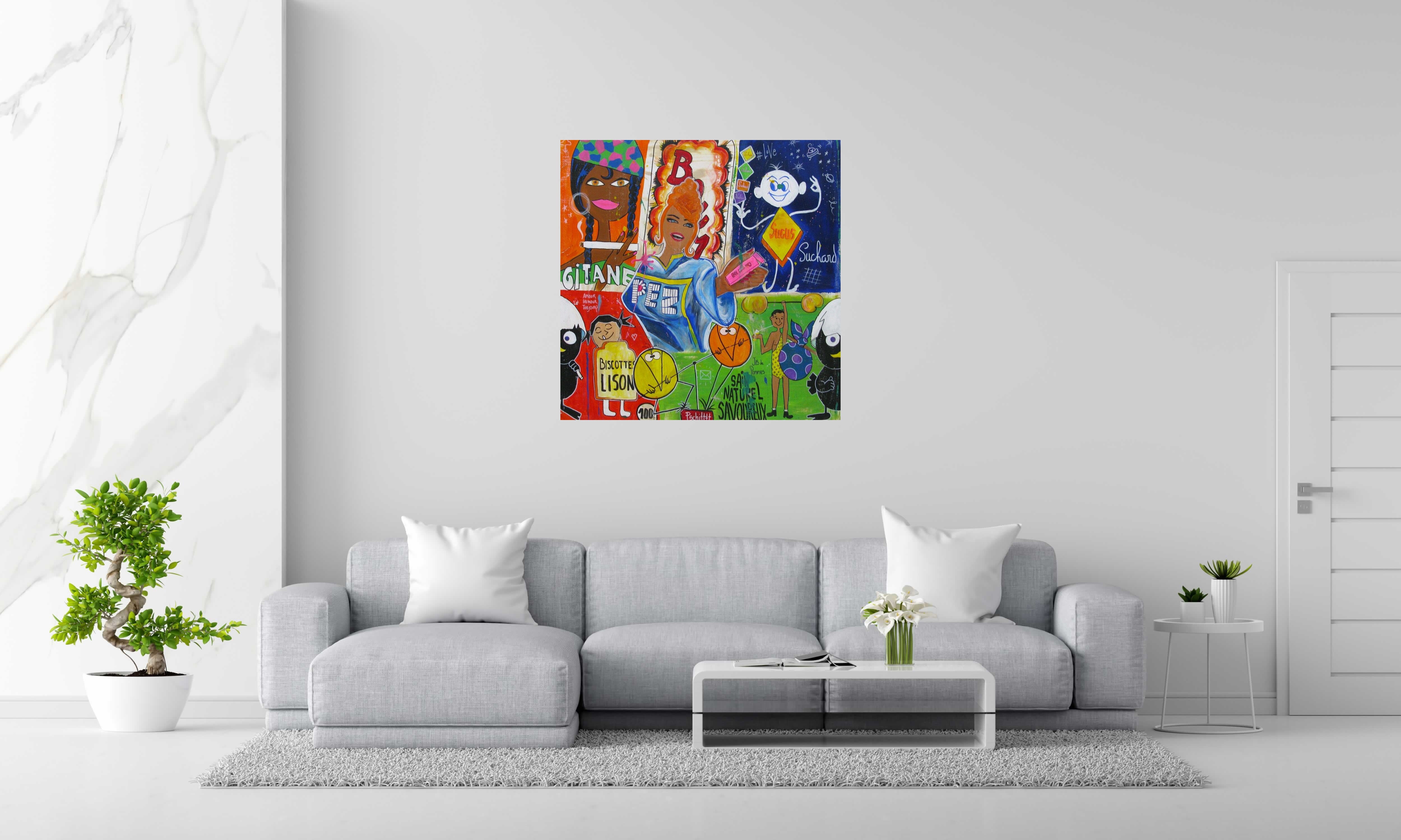 Tableau PEZ de CACOU dans un intérieur – 100 × 100 cm