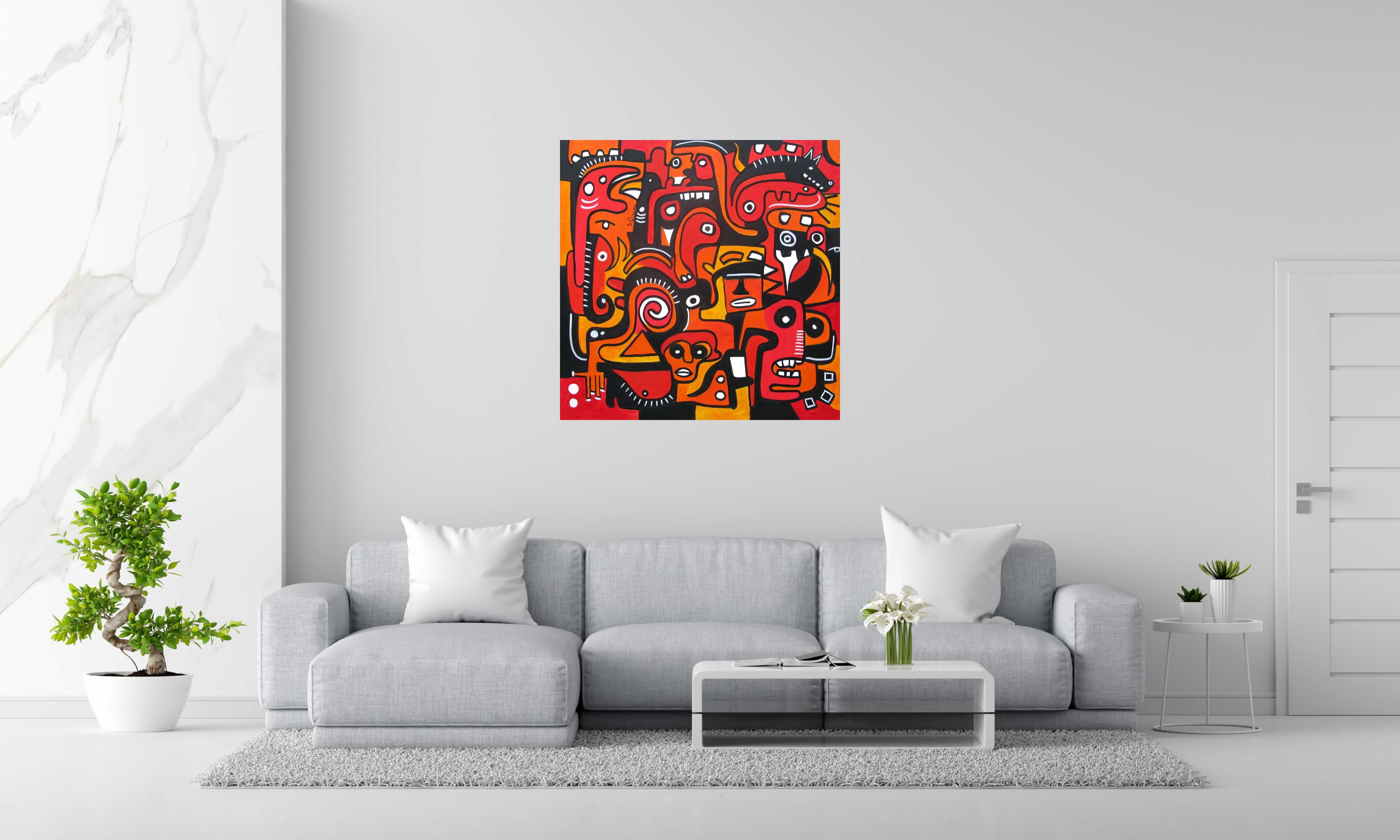 Tableau Red Jungle de Daniel De POLIGNAC dans un intérieur – 100 × 100 cm