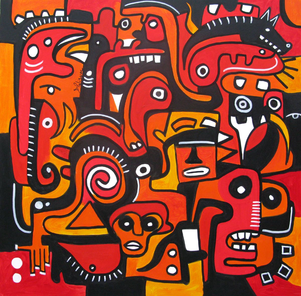 Tableau graphique grande taille gris et jaune Red Jungle – Daniel De POLIGNAC – 100 × 100 cm