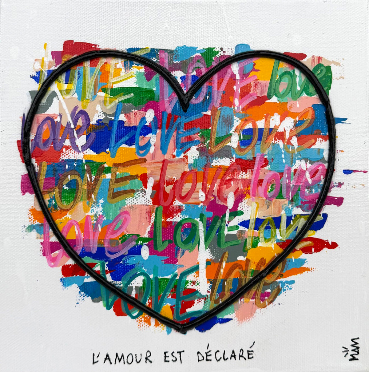 Tableau technique mixte multicolore petit format de MAM, L'amour, 20x20 cm