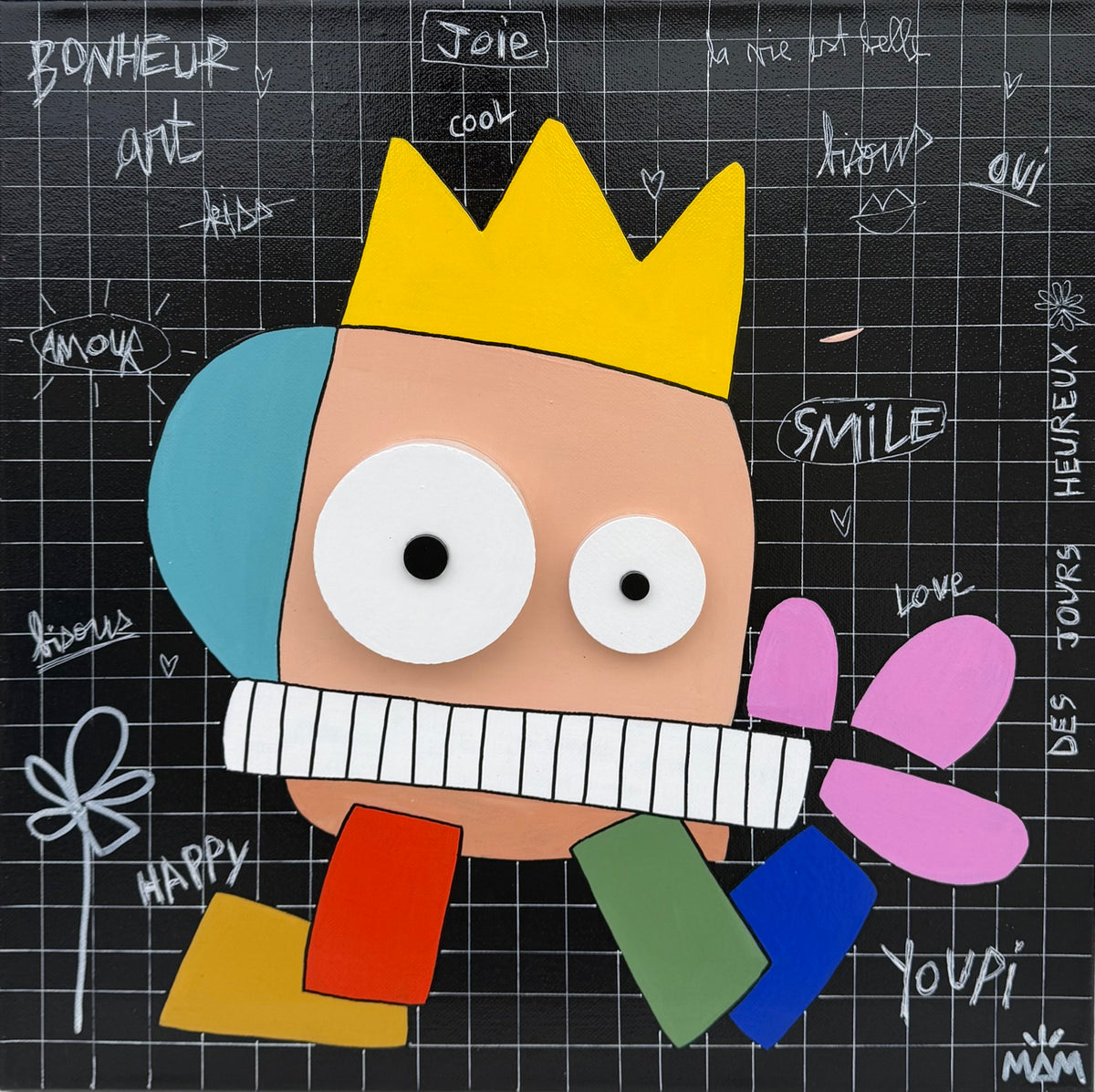 Tableau technique mixte multicolore petit format de MAM, 40 x 40 cm, intitulé Youpi