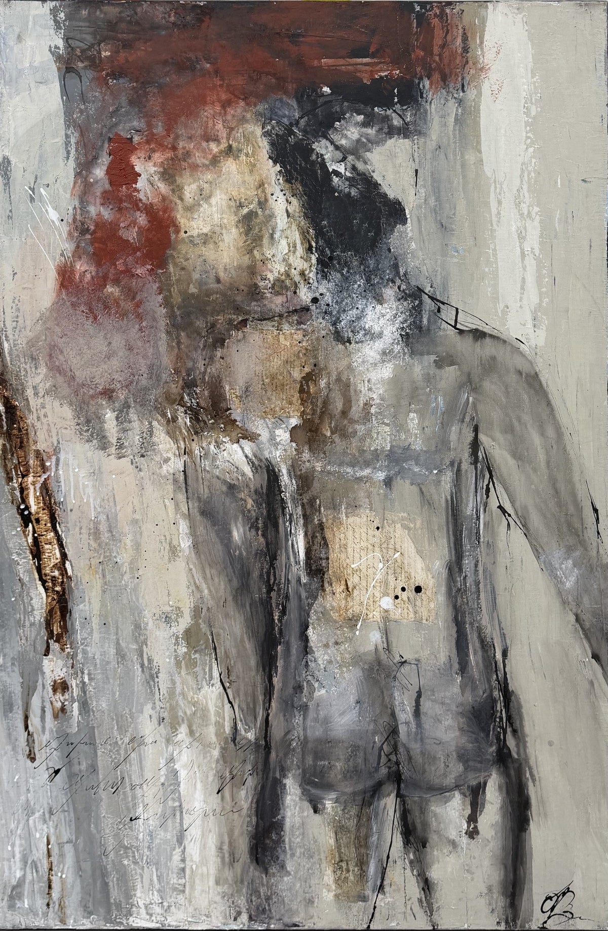 Tableau abstrait grand format de Michelle Boissonot, technique mixte et collage sur toile, tons gris et rouge, 80 x 120 cm