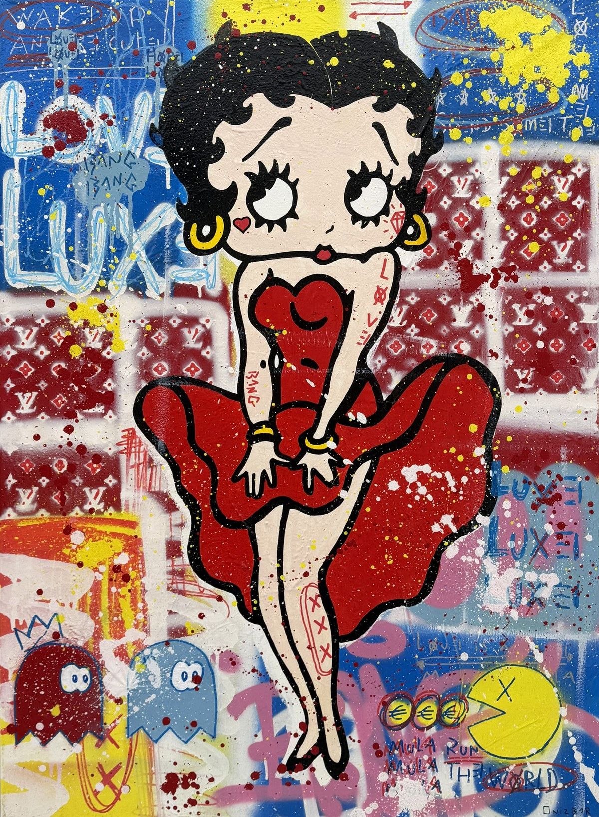 Tableau street art technique mixte rouge et bleu de ONIZBAR, LUUUXE, 73 x 100 cm