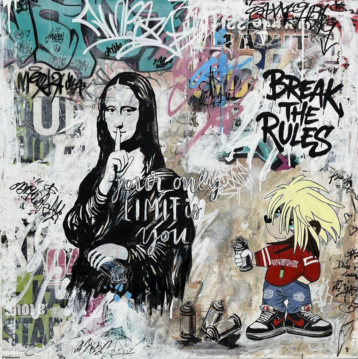Tableau street art technique mixte noir et blanc 100x100 cm de Patricia Gadisseur, Break the Rules