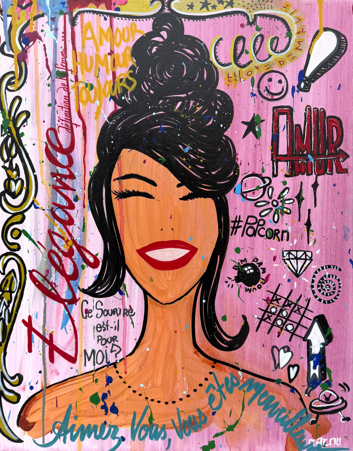 Tableau pop art aux couleurs vives et rose signé Cacou, technique mixte acrylique collage posca sur toile, 50 x 40 cm