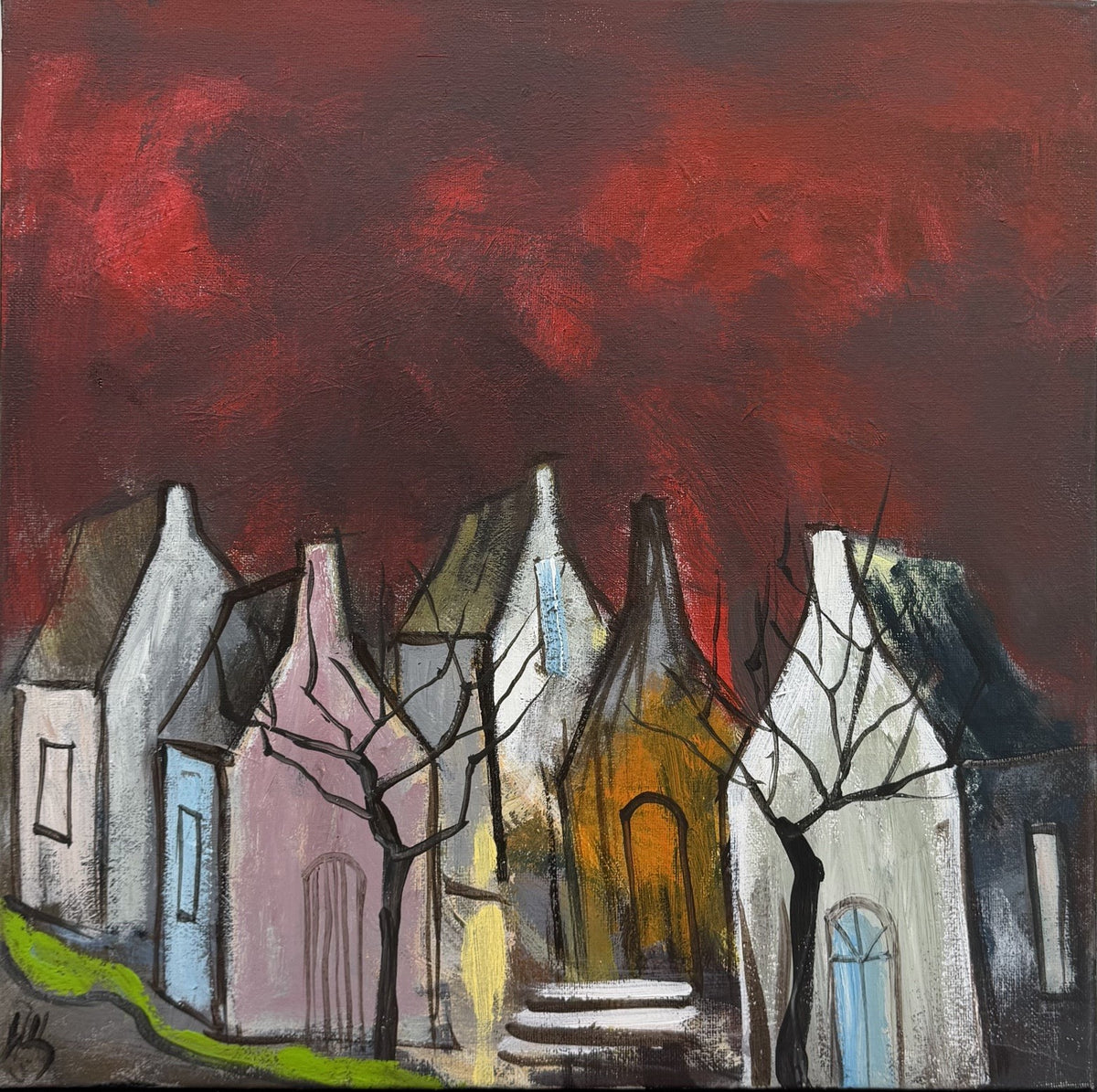 Tableau portrait figuratif acrylique sur toile rouge 40x40 cm par Ivan Tzonev