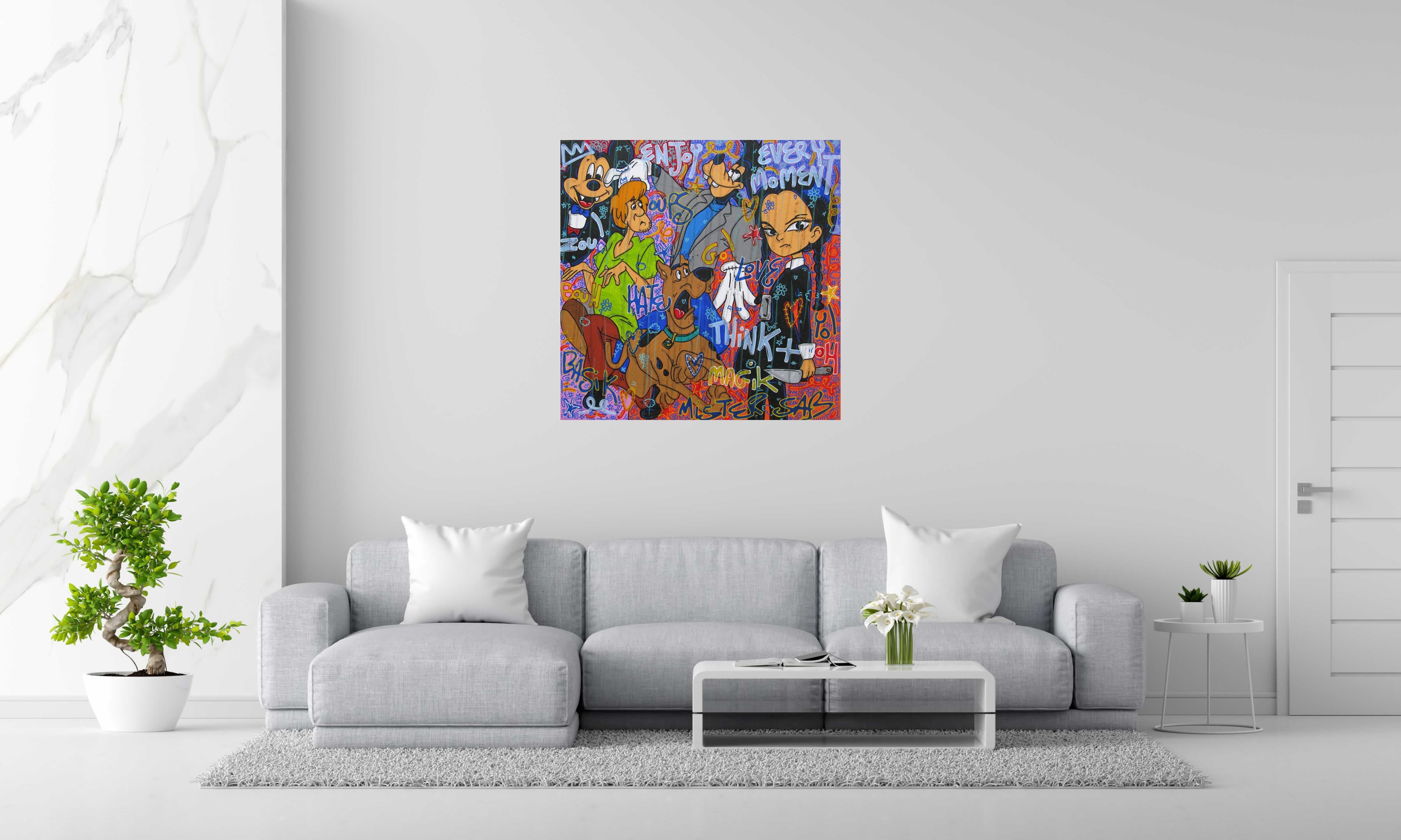 Tableau ENJOY EVERY MOMENT de RICO SAB dans un intérieur – 100 × 100 cm