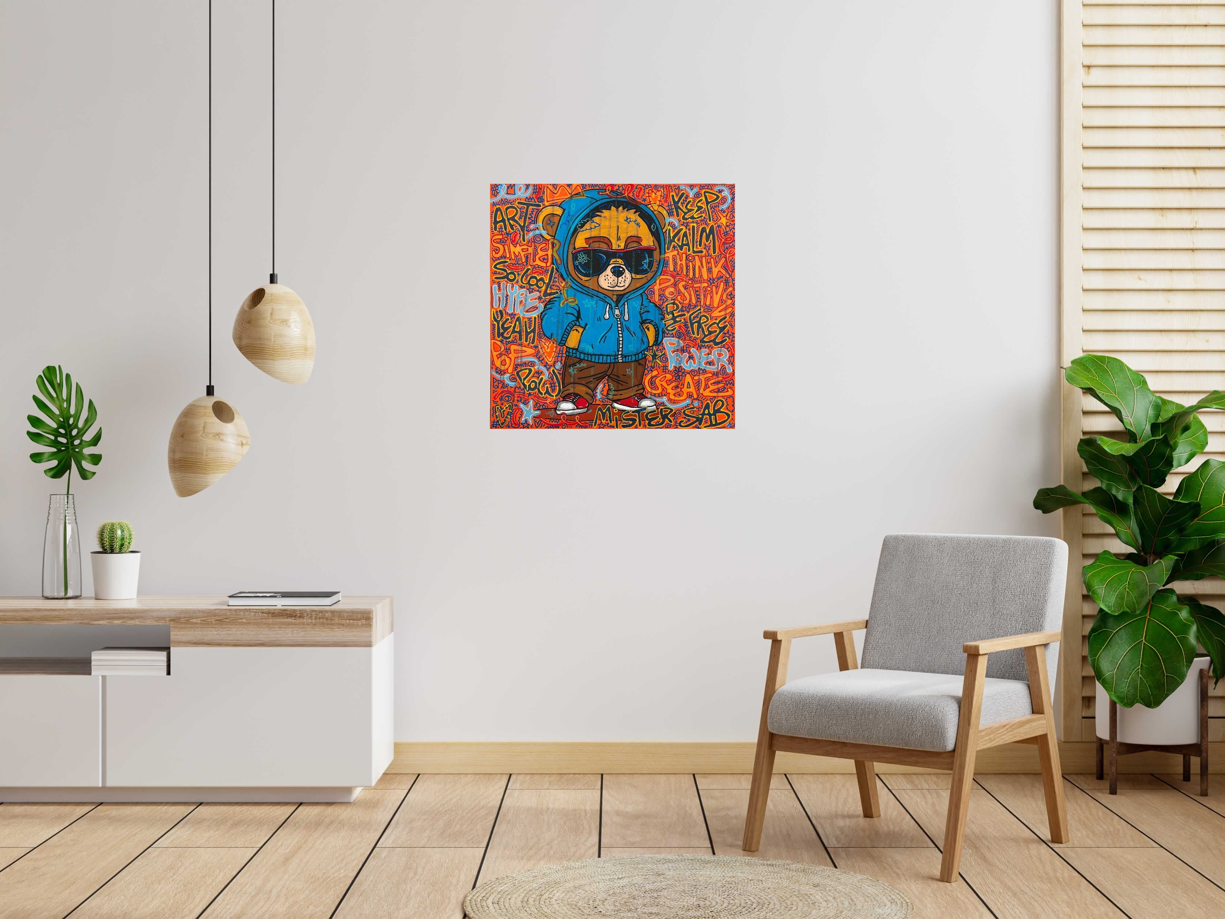Tableau Think positive de RICO SAB dans un intérieur – 80 × 80 cm
