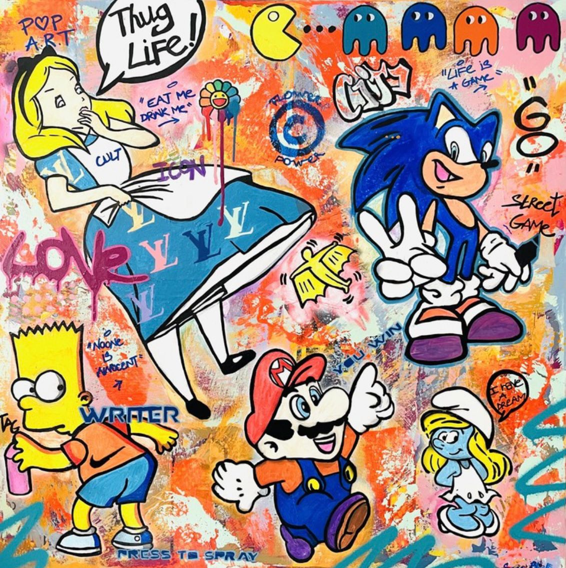 Tableau street art format xxl Thug life – SARA CHELOU – 100 × 100 cm
