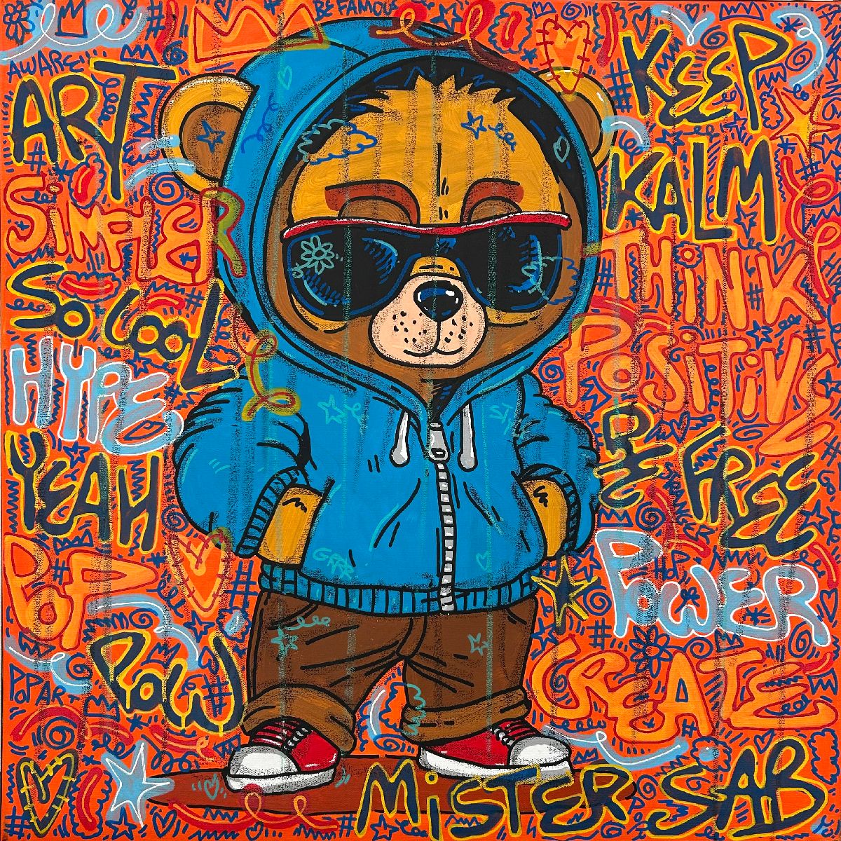 Tableau street art format xxl vert et violet Think positive – RICO SAB – 80 × 80 cm
