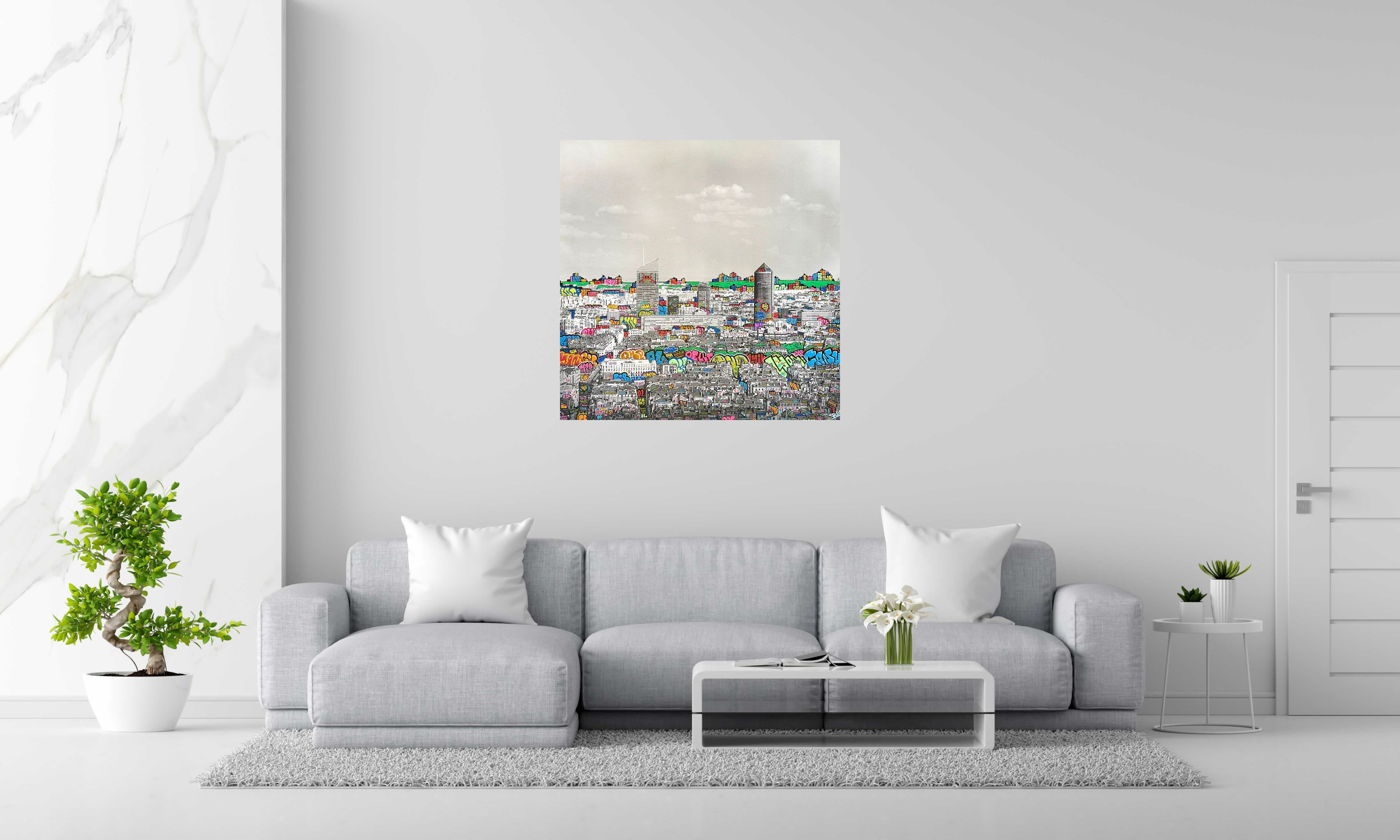 Tableau Lyon colorfull XL de BLACH dans un intérieur – 100 × 100 cm