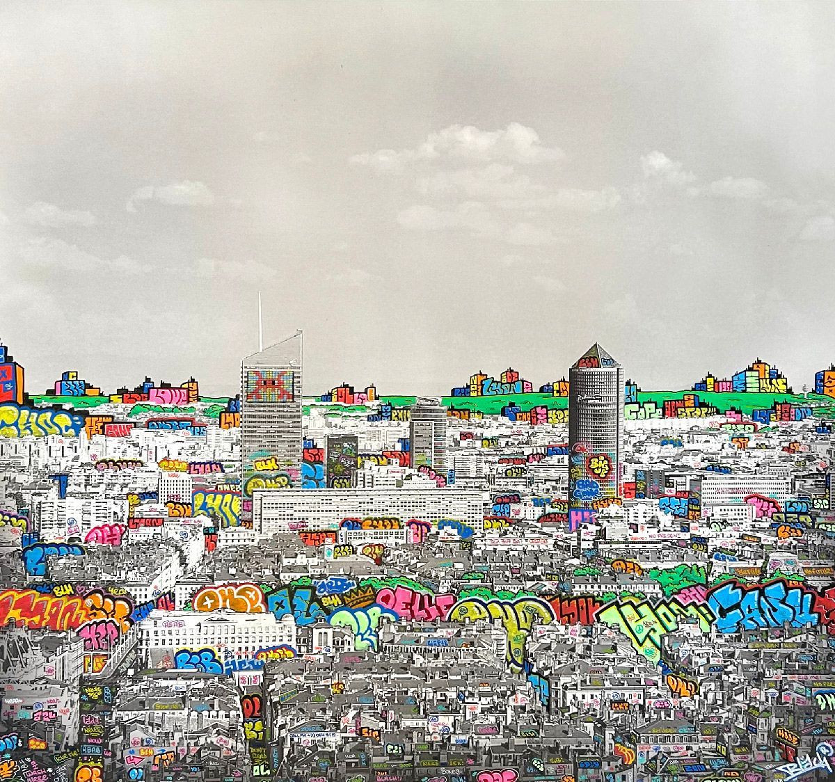 Tableau street art grand format gris Lyon colorfull XL – BLACH – 100 × 100 cm
