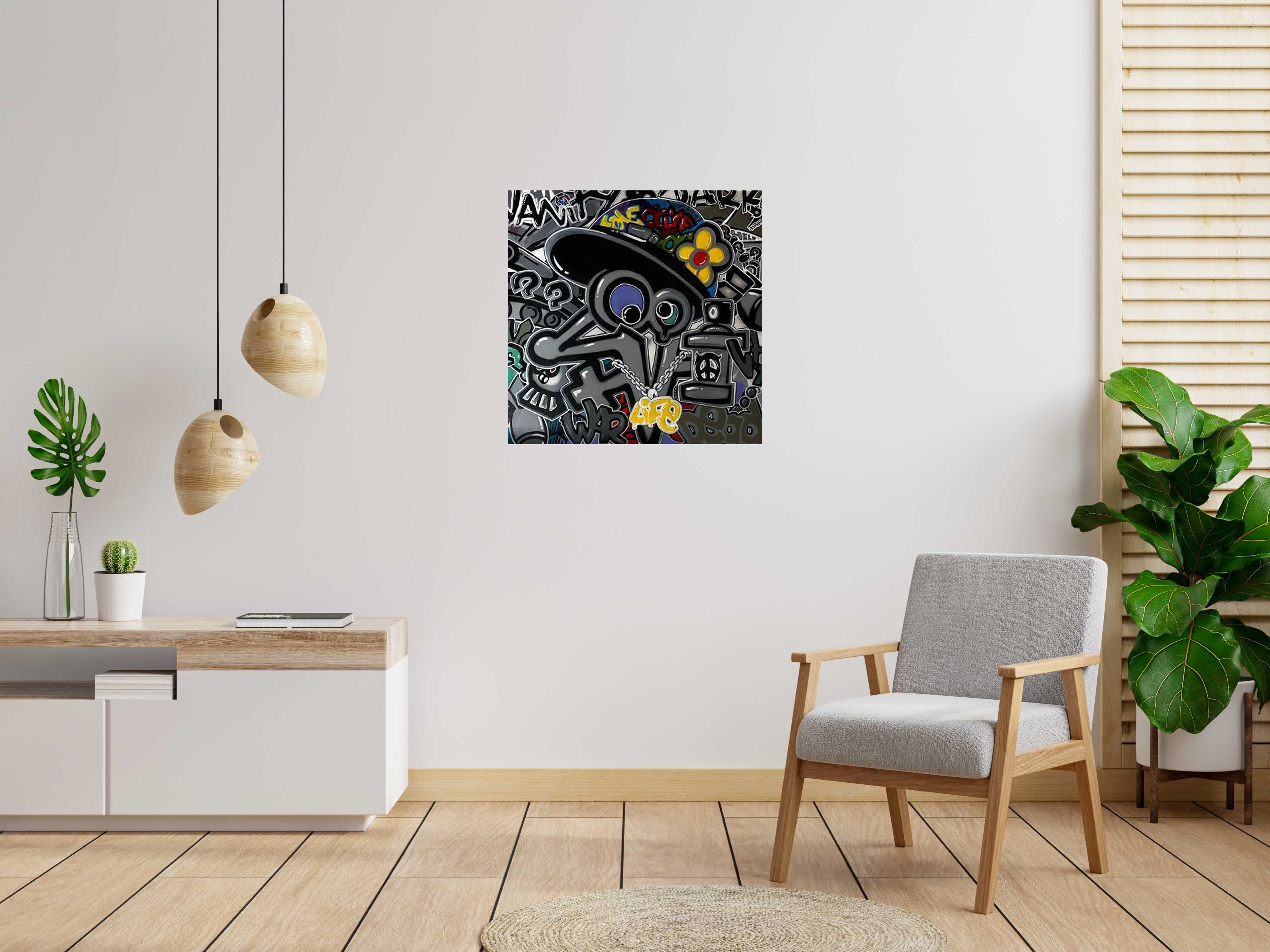 Tableau LOVE IS LIFE de GUTI dans un intérieur – 80 × 80 cm