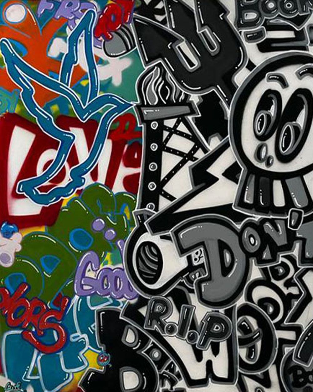 Tableau street art grand format RIP WHY – GUTI – 100 × 81 cm