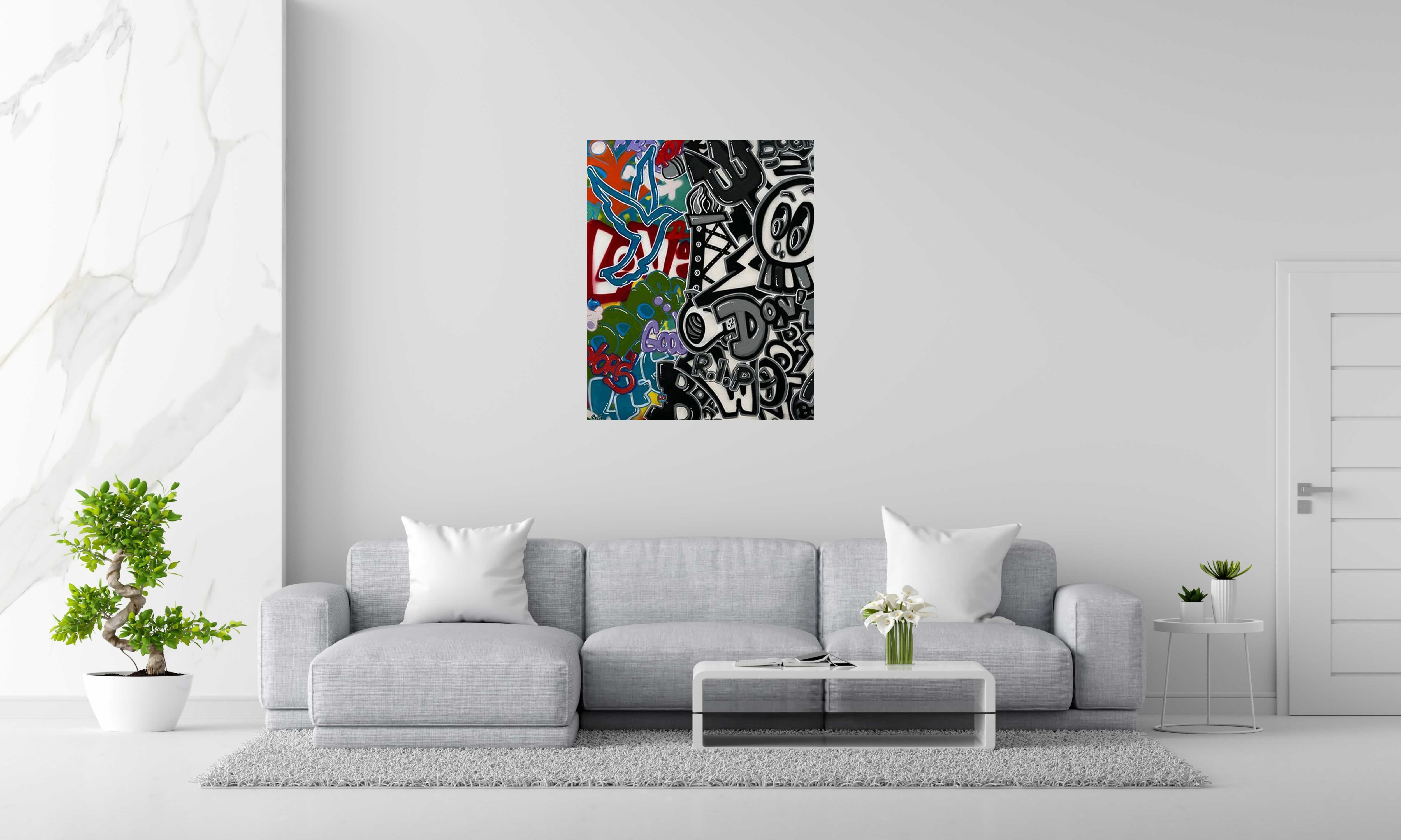 Tableau RIP WHY de GUTI dans un intérieur – 100 × 81 cm