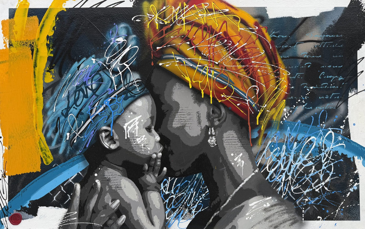 Tableau street art grand format de JUG, technique mixte sur toile, tons orange et bleu, 116 x 81 cm