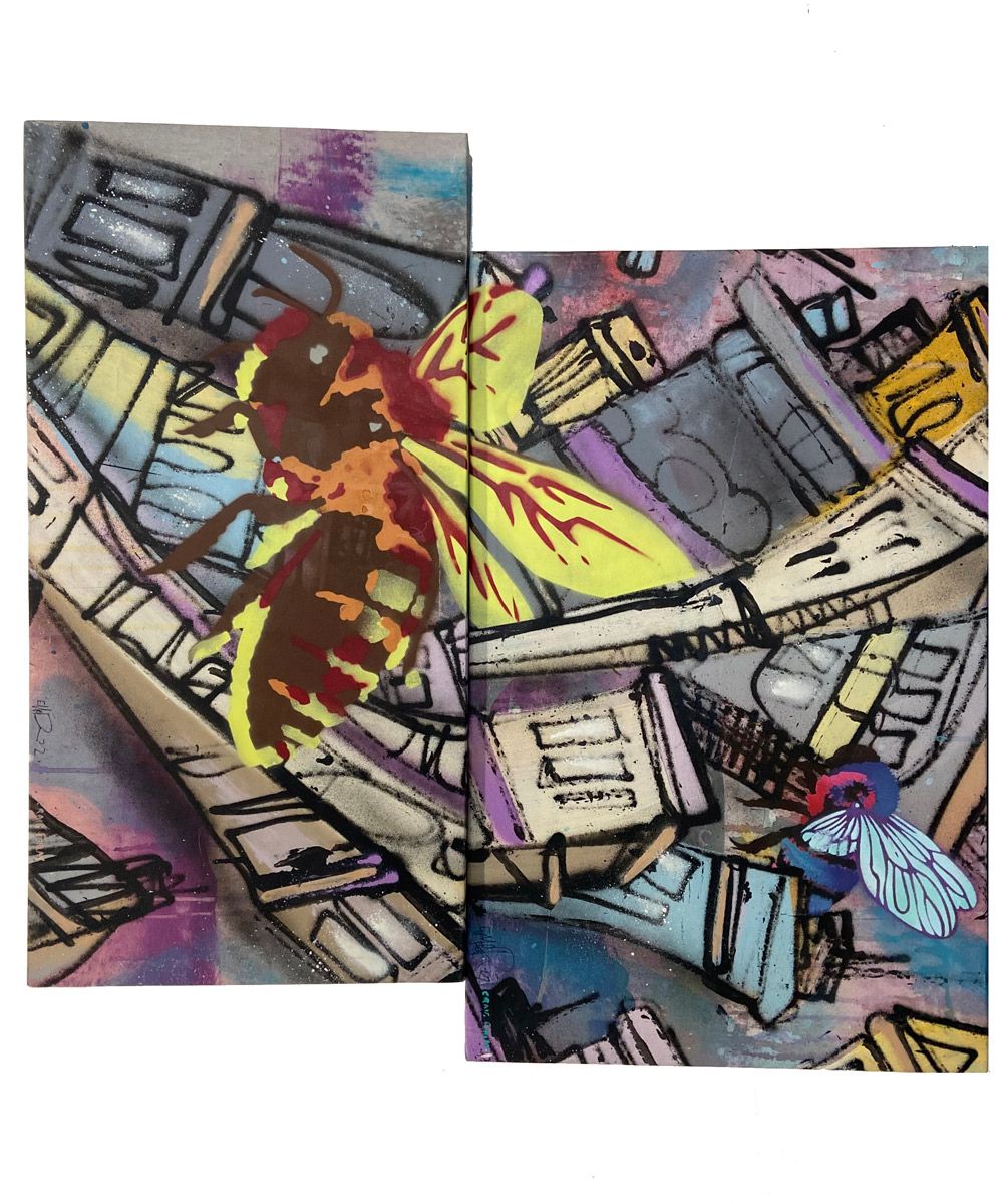 Tableau street art moyen format jaune et violet Bzzz (diptyque) – Craig & Emer – 690 × 660 cm