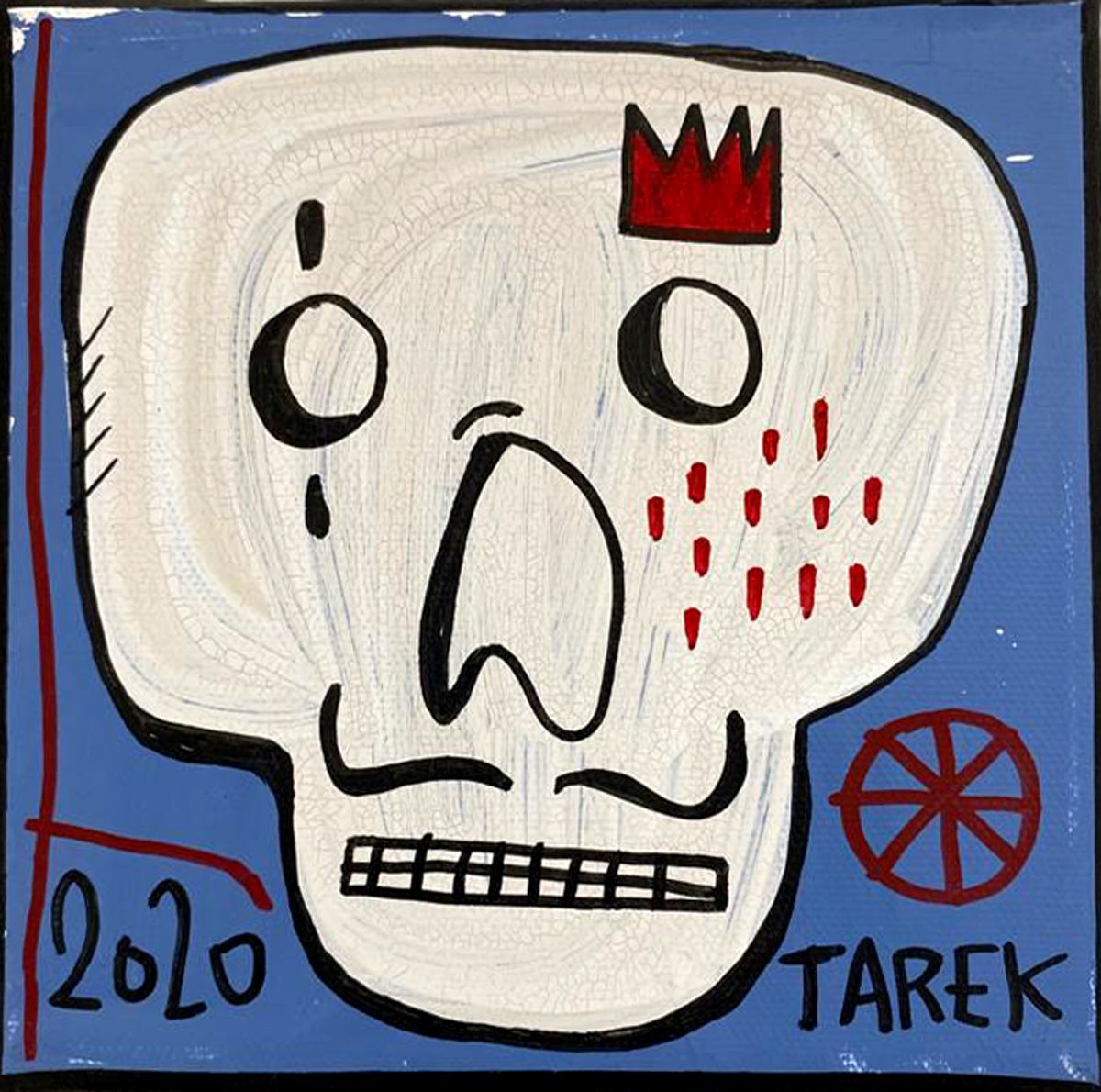 Tableau street art petit format blanc et bleu Mask larme – TAREK – 15 × 15 cm