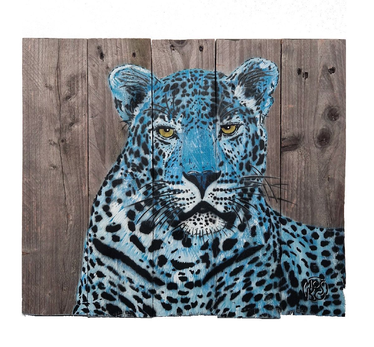 Tableau street art petit format bleu et noir Buste panthère bleue – MOSKO – 45 × 40 cm