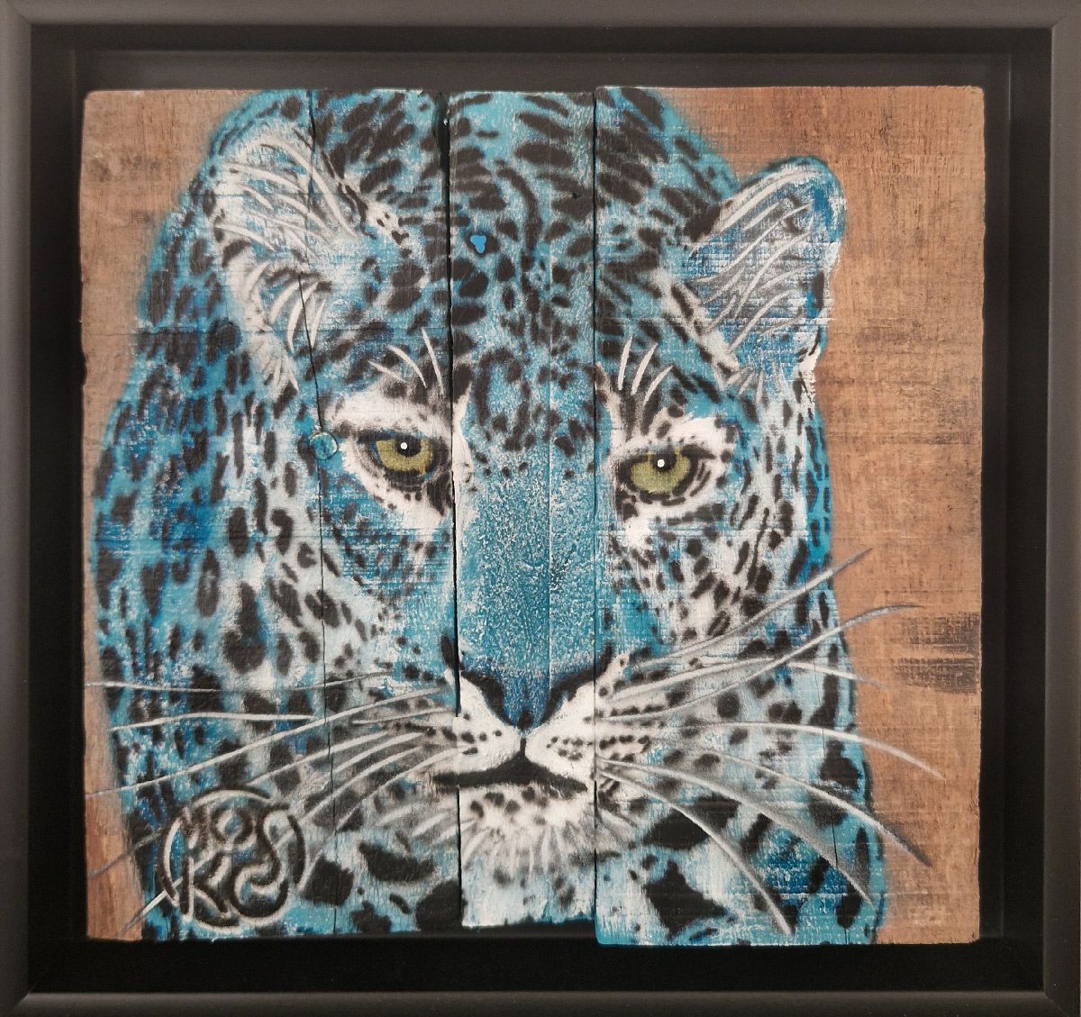 Tableau street art petit format bleu et noir Panthère bleue face – MOSKO – 20 × 20 cm