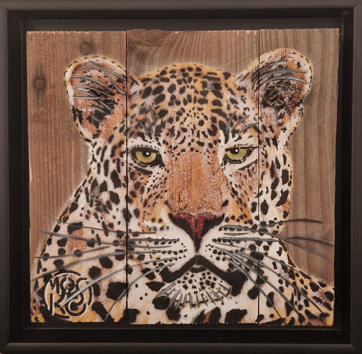 Tableau street art petit format noir et orange léopard de face – MOSKO – 20 × 20 cm