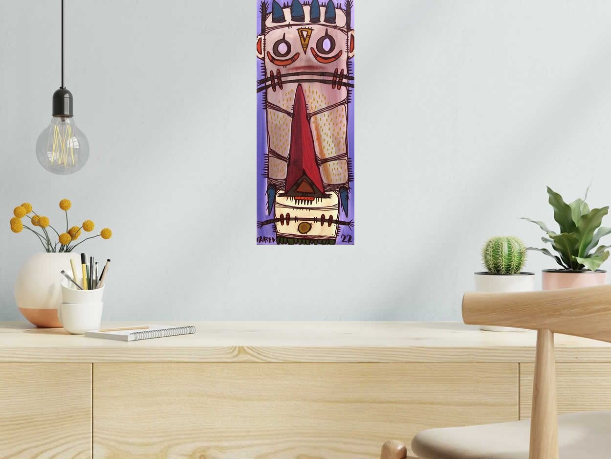 Tableau Mask allongé violet de TAREK dans un intérieur – 20 × 50 cm