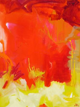 Tableau abstrait rouge et jaune en acrylique sur toile, très grand format, par Alice Achen