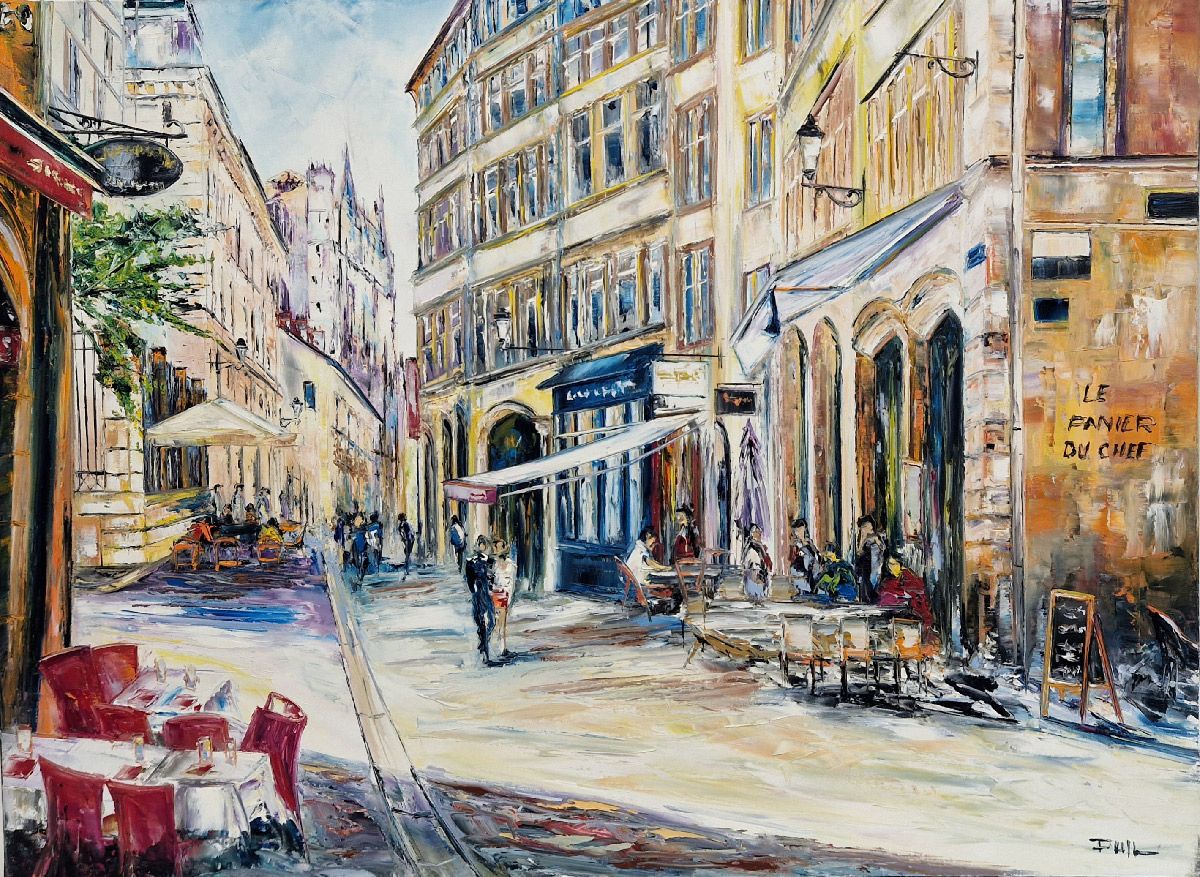 Tableau de PHIL a pour titre  Le panier du Chef, st Jean, Lyon style figuratif dim : PHILprix:700