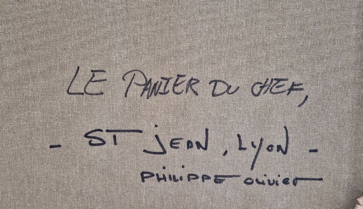 Tableau de PHIL a pour titre  Le panier du Chef, st Jean, Lyon style figuratif dim : PHILprix:700