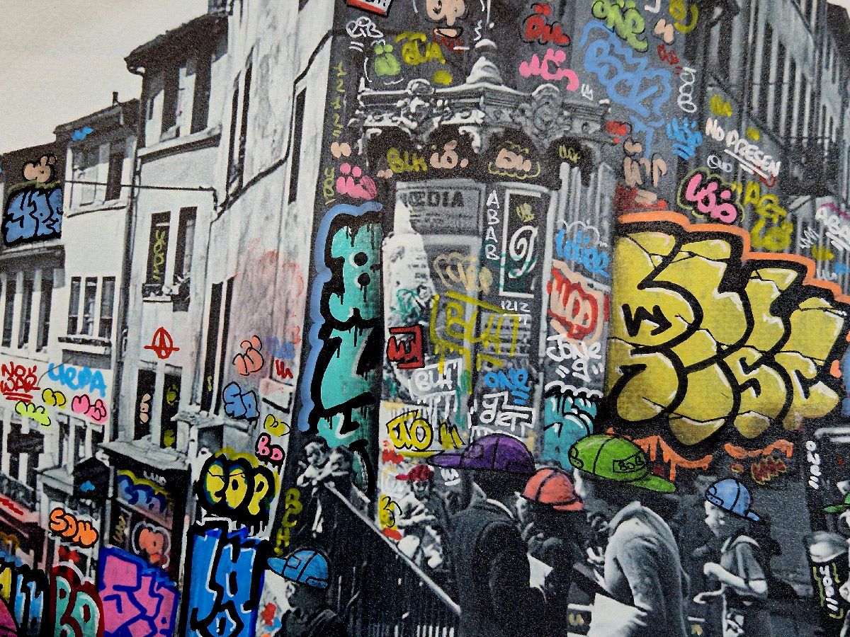 Tableau de BLACH a pour titre  Doisneau Lyon Croix Rousse style graffiti, street art dim : BLACHprix:350
