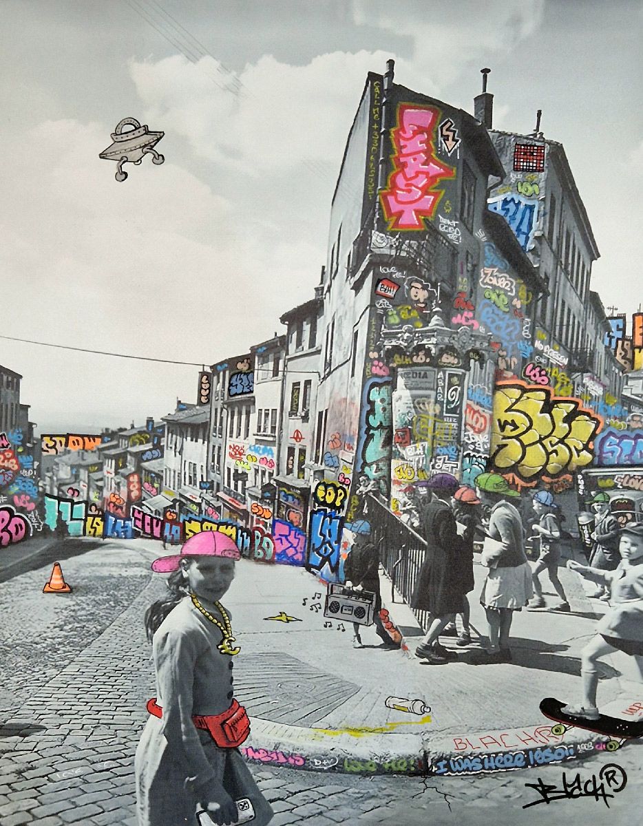 Tableau de BLACH a pour titre  Doisneau Lyon Croix Rousse style graffiti, street art dim : BLACHprix:350