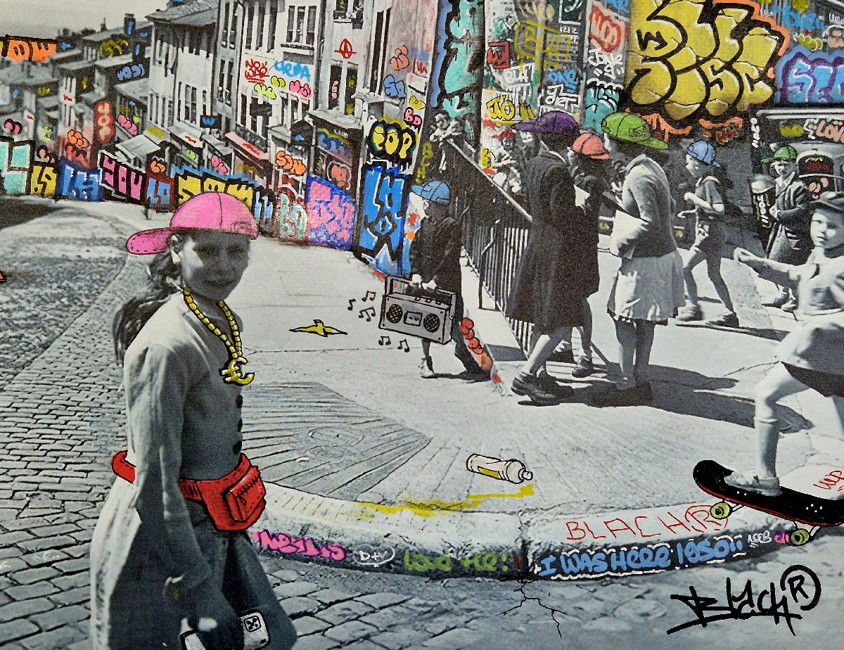 Tableau de BLACH a pour titre  Doisneau Lyon Croix Rousse style graffiti, street art dim : BLACHprix:350