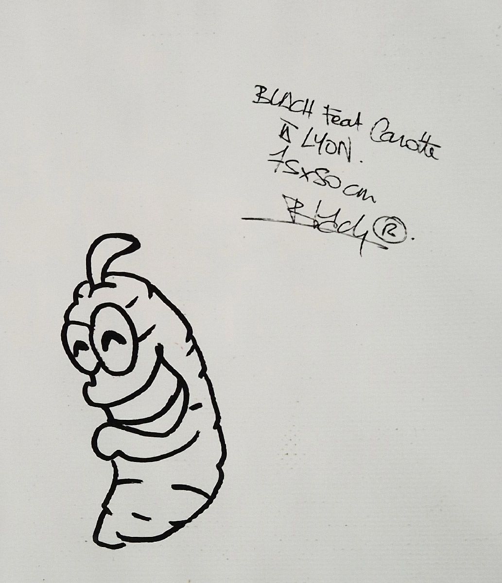Tableau de BLACH a pour titre  Lyon Feat Carotte style graffiti, street art dim : BLACHprix:500
