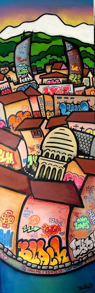 Tableau de BLACH a pour titre  URC Mont bien Blanc style graffiti, street art dim : BLACHprix:600