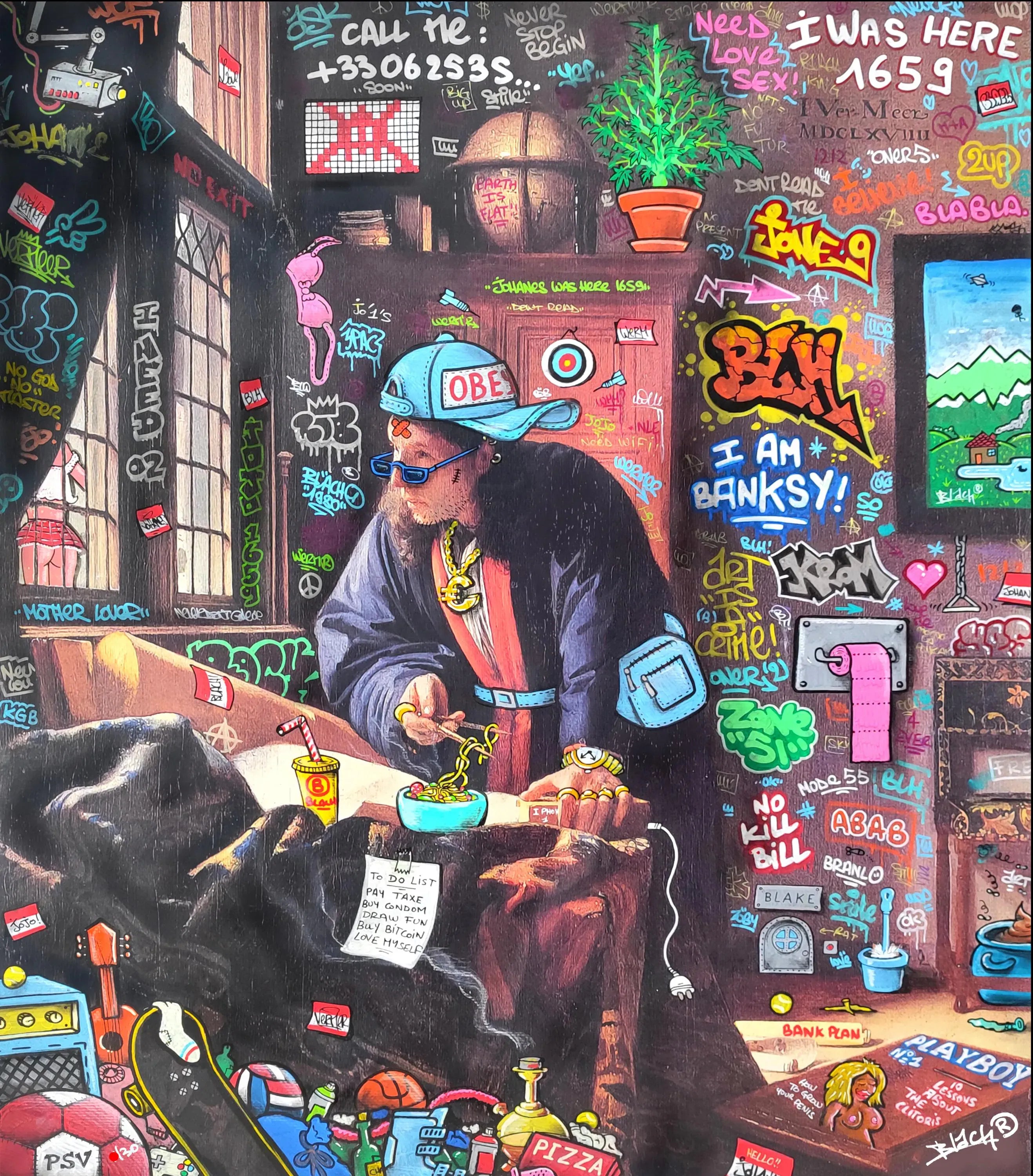 Tableau de BLACH a pour titre  Vermeer GeoGraff style graffiti, street art dim : BLACHprix:110