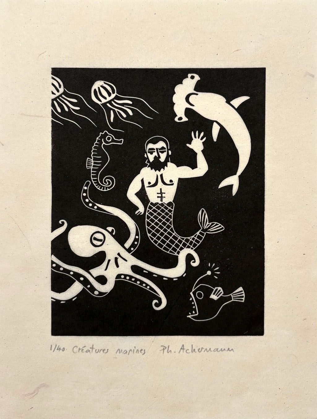 Editions d'art de PHILIPPE ACHERMANN a pour titre  Creatures marines style figuratif, graphique dim : PHILIPPE ACHERMANNprix:40