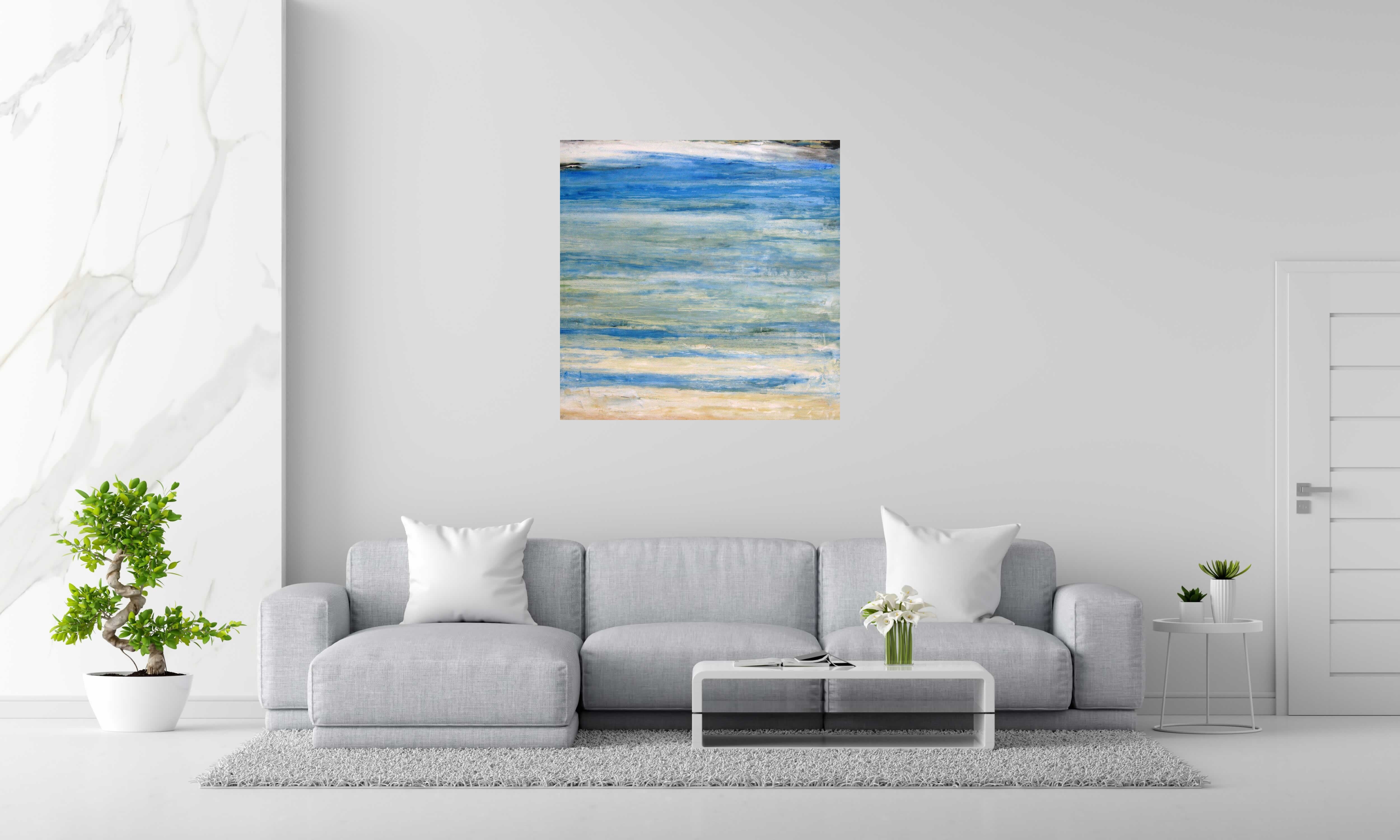 Toile BLUE LINES de PASCALE JACQUEMOND dans un intérieur – 100 × 100 cm