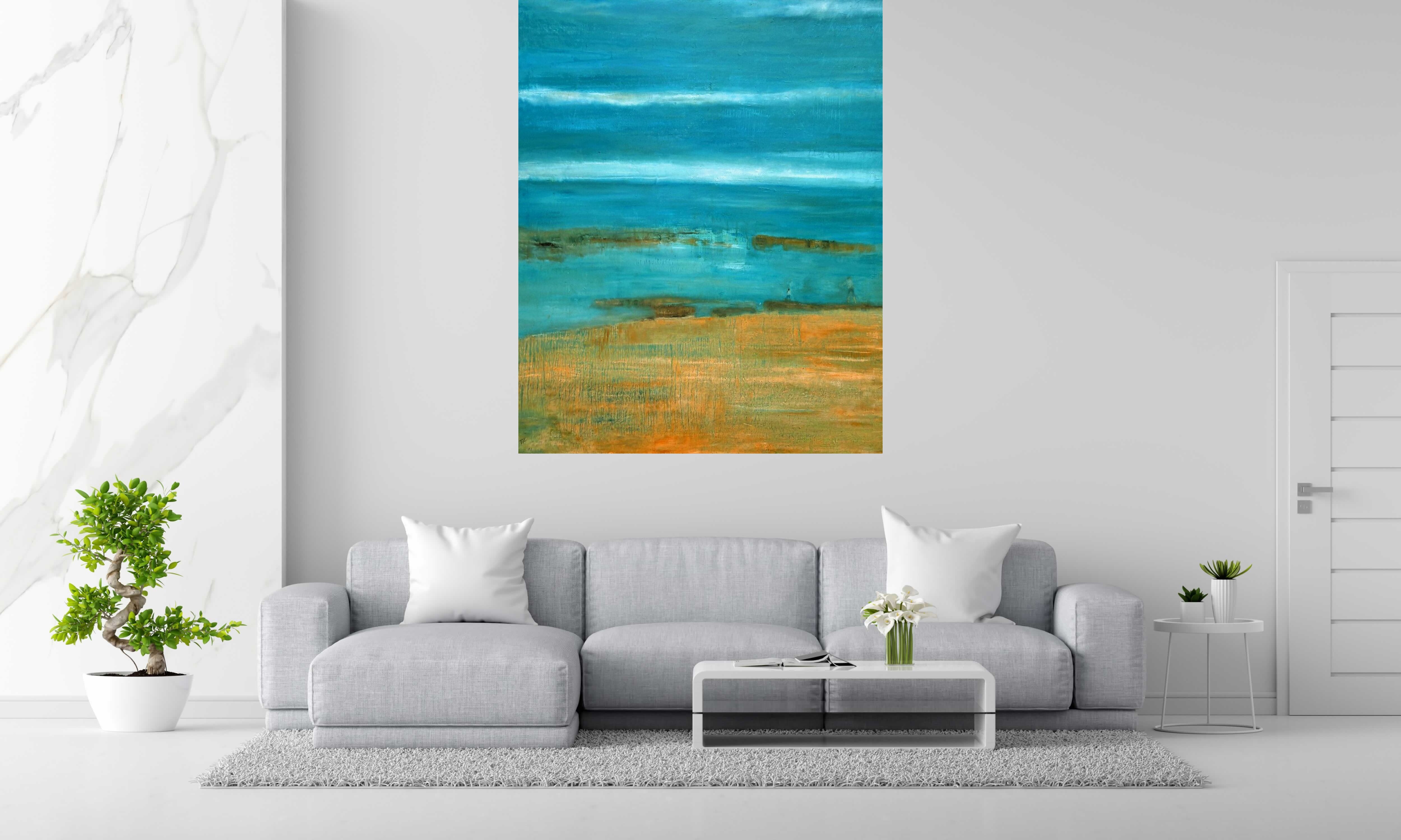 Toile Océan de PASCALE JACQUEMOND dans un intérieur – 130 × 162 cm